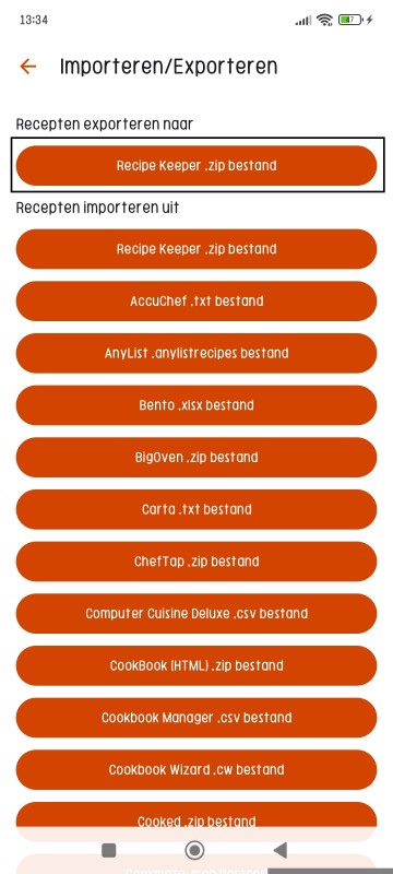Export Recipes page of Recipe Keeper